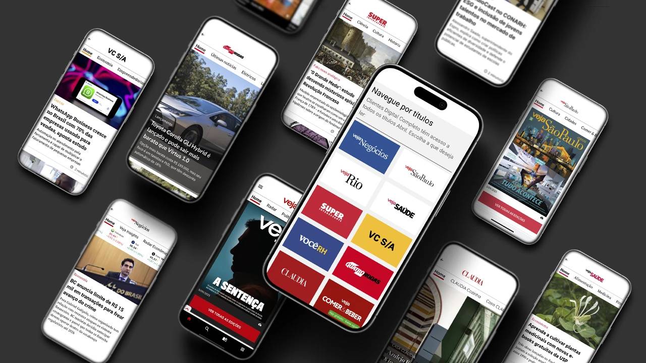 Vários smartphones brancos exibem aplicativos de notícias e revistas digitais da Editora Abril, como Veja, Superinteressante, Quatro Rodas, Veja Saúde e Claudia, sobre um fundo cinza escuro. Um celular central mostra a tela de seleção de títulos, com logotipos coloridos das publicações